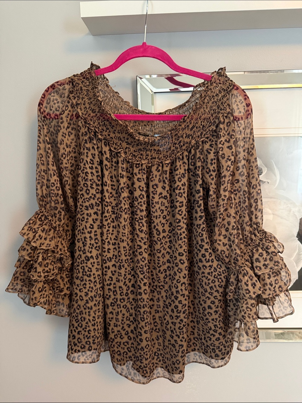 Leopard Print Ruffled Sheer Blouse - Brown